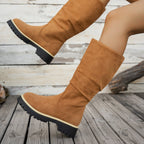 Bottes Plateforme Femme Mi-Mollet Tombantes, Aspect Daim