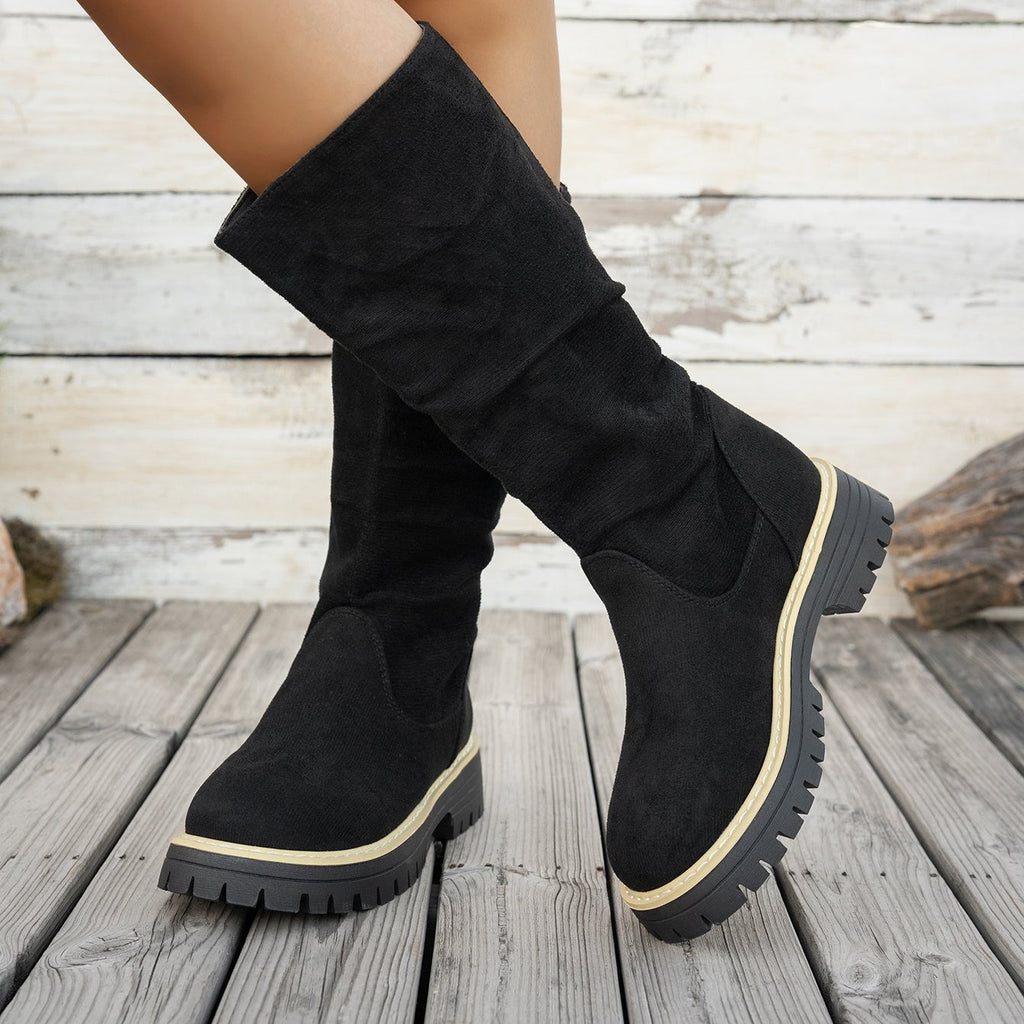 Bottes Plateforme Femme Mi-Mollet Tombantes, Aspect Daim