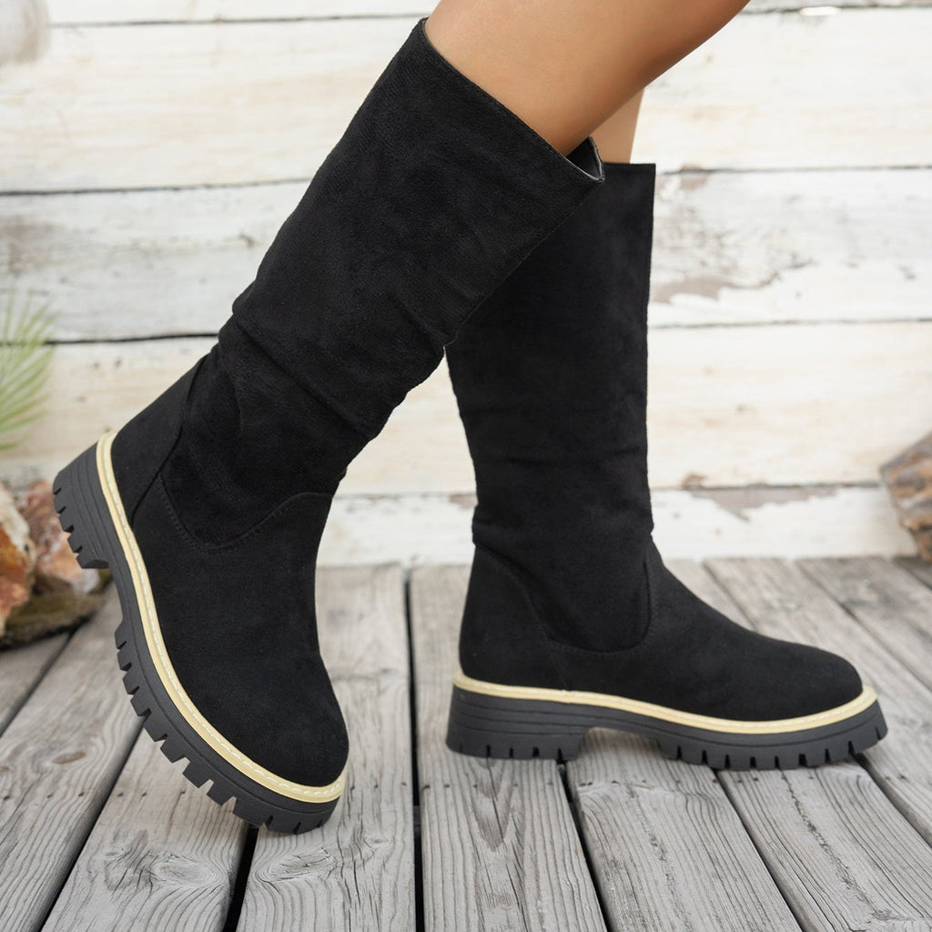 Bottes Plateforme Femme Mi-Mollet Tombantes, Aspect Daim