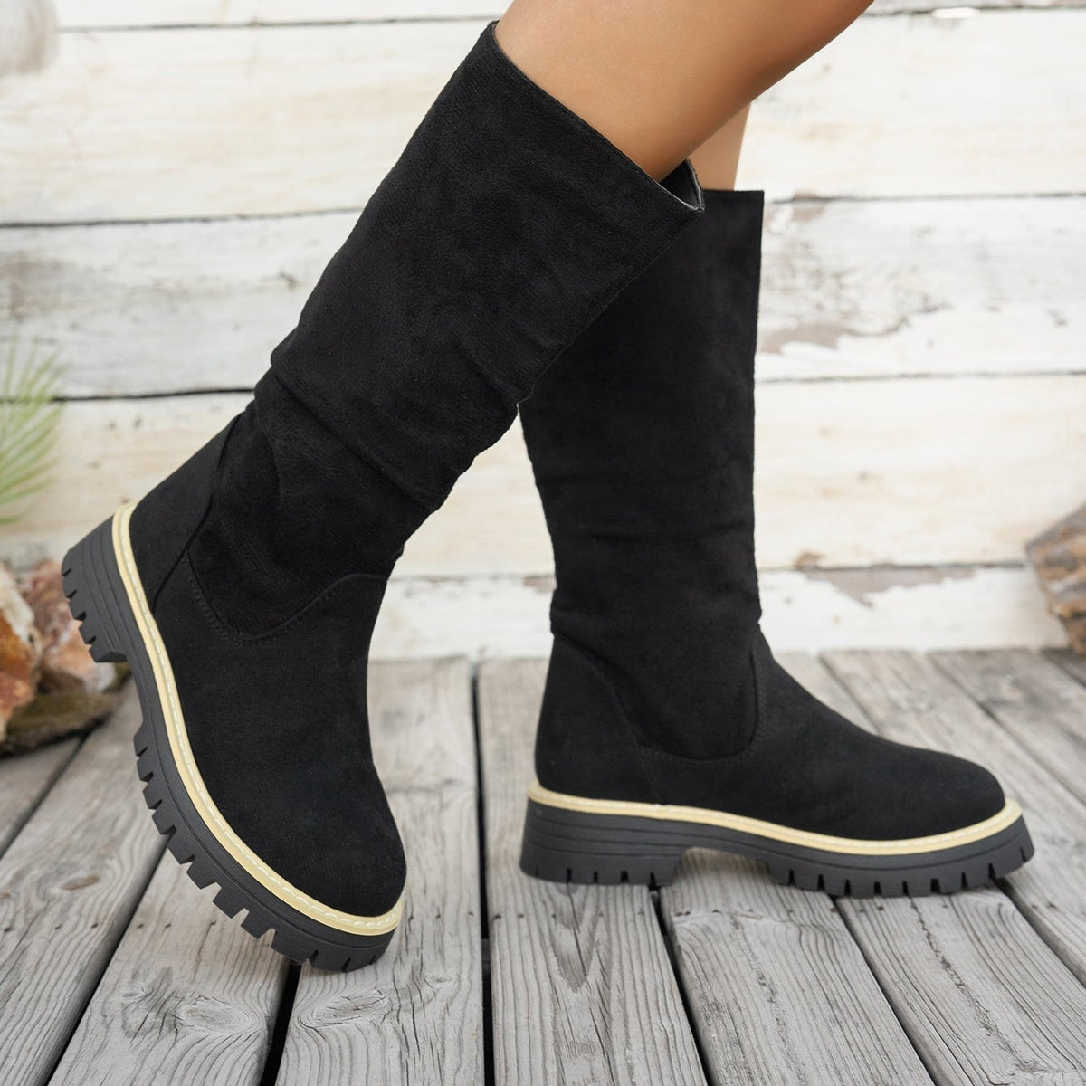 Bottes Plateforme Femme Mi-Mollet Tombantes, Aspect Daim
