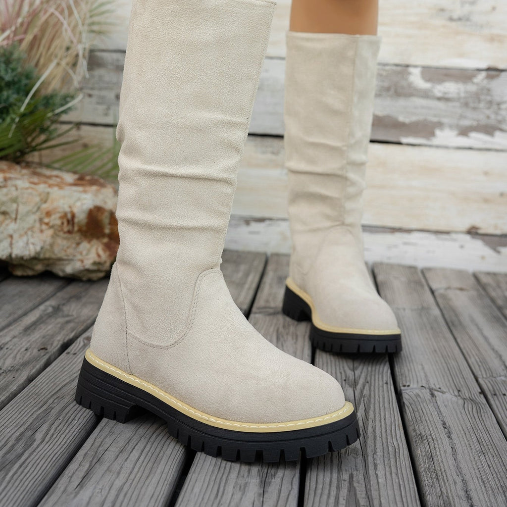 Bottes Plateforme Femme Mi-Mollet Tombantes, Aspect Daim