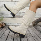 Bottes Plateforme Femme Mi-Mollet Tombantes, Aspect Daim