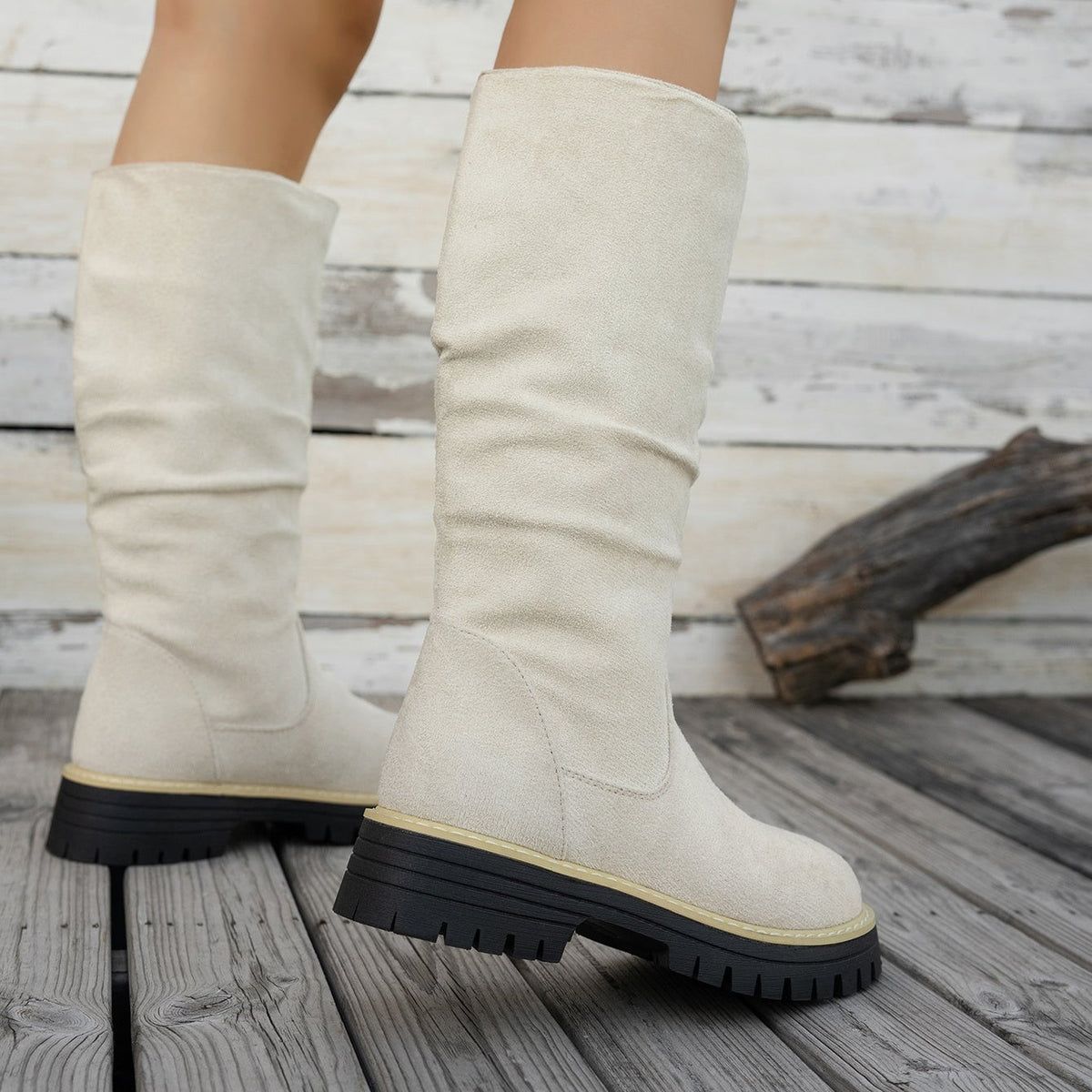 Bottes Plateforme Femme Mi-Mollet Tombantes, Aspect Daim