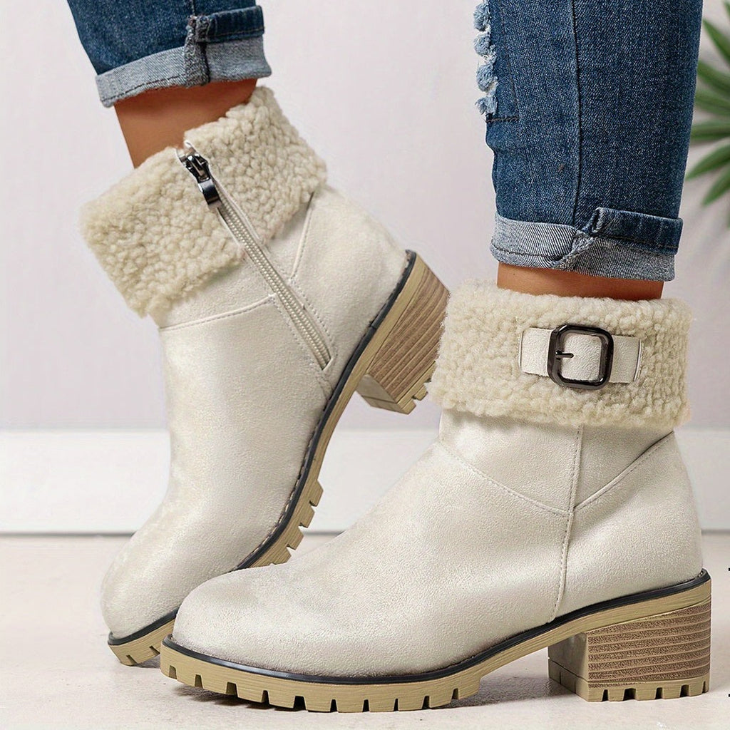 Bottes Fourrées Femme Courtes, Col Sherpa, Aspect Daim – coloris blanc cassé