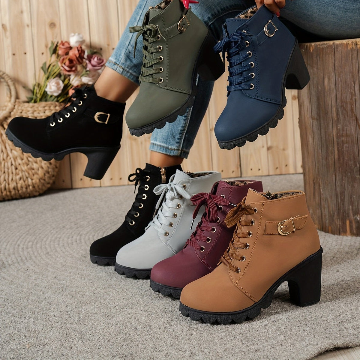 Bottines à Lacets Femme Similicuir, Talon Haut, Boucle