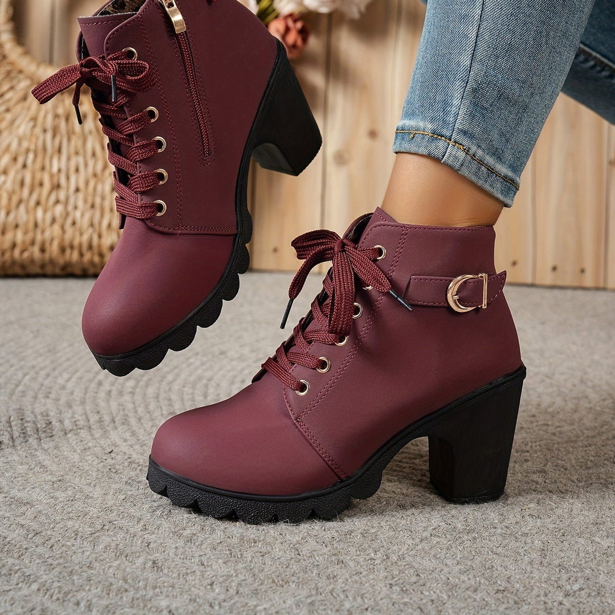 Bottines à Lacets Femme Similicuir, Talon Haut, Boucle – coloris rouge