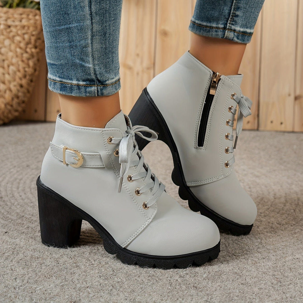 Bottines à Lacets Femme Similicuir, Talon Haut, Boucle, vue 3