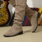 Bottes Plates Femme Hautes, Aspect Daim, Tige Froncée