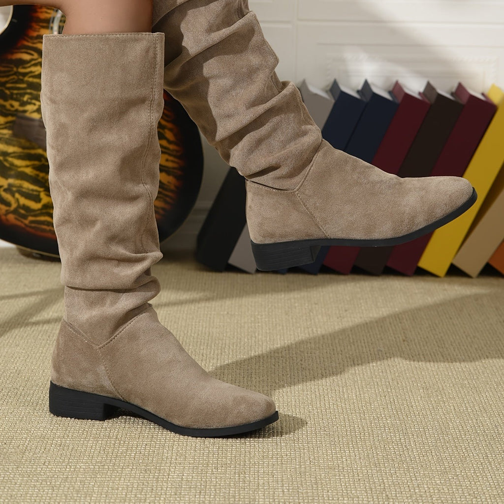 Bottes Plates Femme Hautes, Aspect Daim, Tige Froncée, vue 9
