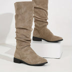 Bottes Plates Femme Hautes, Aspect Daim, Tige Froncée, vue 10