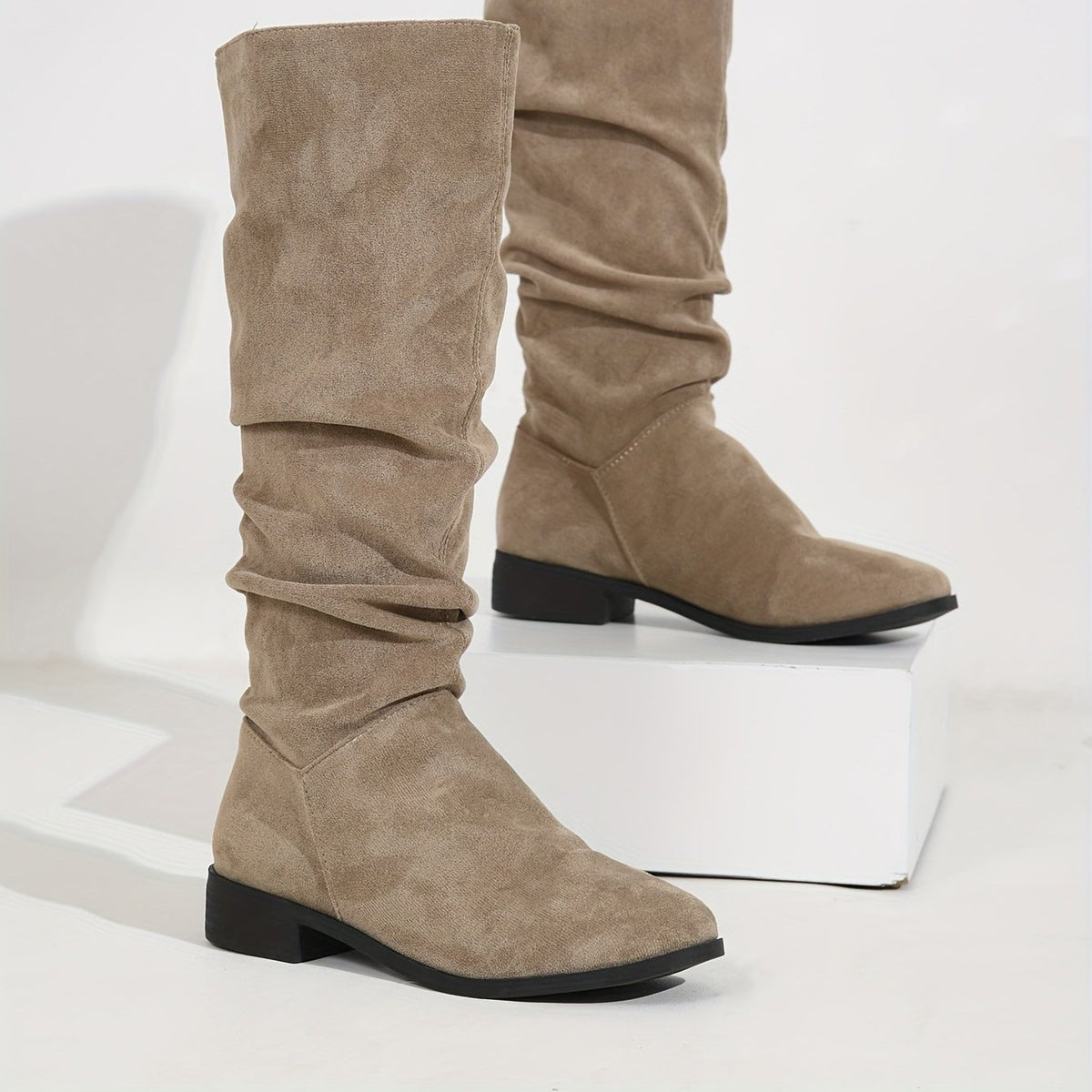 Bottes Plates Femme Hautes, Aspect Daim, Tige Froncée, vue 10