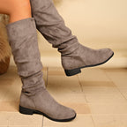 Bottes Plates Femme Hautes, Aspect Daim, Tige Froncée, vue 13