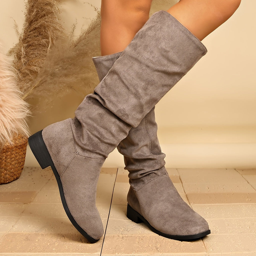 Bottes Plates Femme Hautes, Aspect Daim, Tige Froncée, vue 14