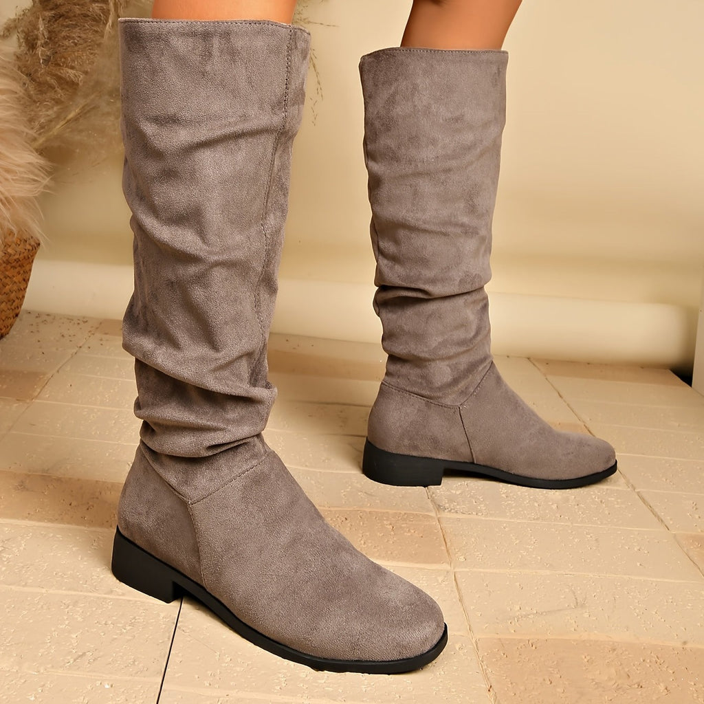 Bottes Plates Femme Hautes, Aspect Daim, Tige Froncée, vue 15