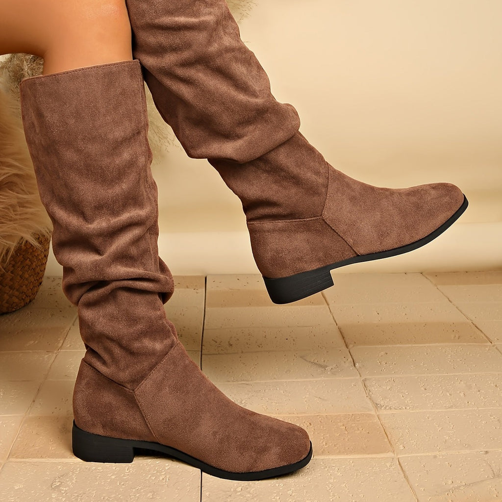Bottes Plates Femme Hautes, Aspect Daim, Tige Froncée, vue 16