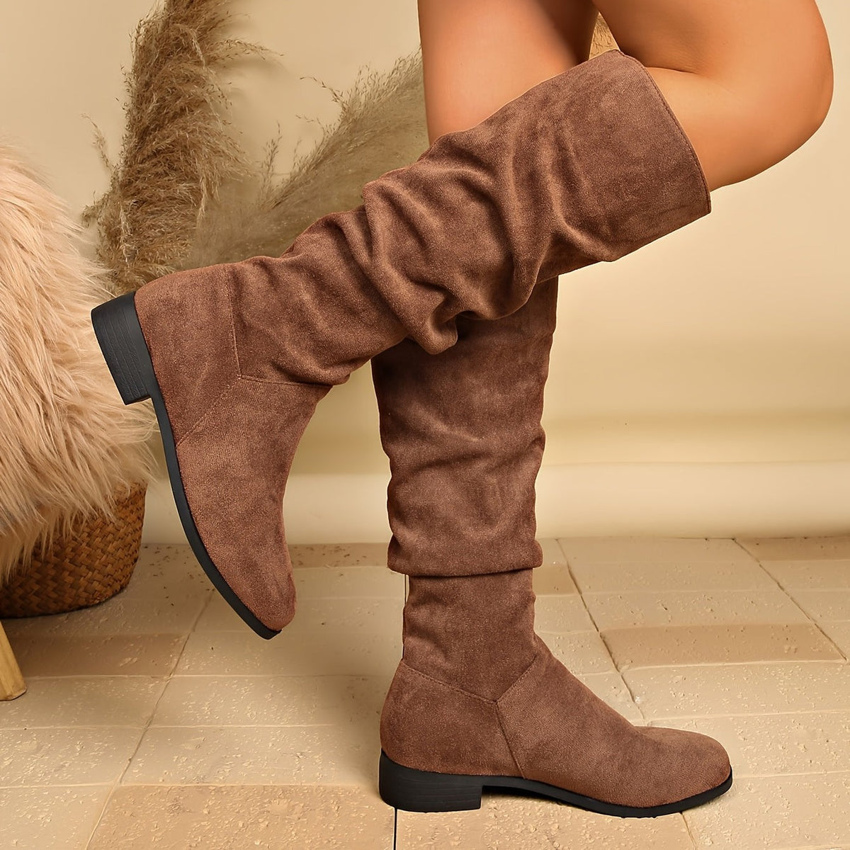 Bottes Plates Femme Hautes, Aspect Daim, Tige Froncée, vue 17