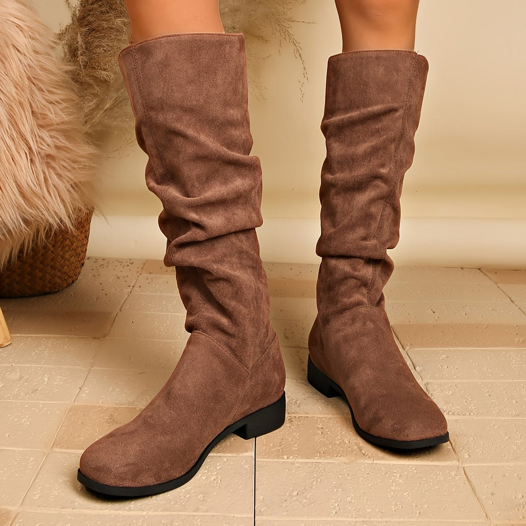 Bottes Plates Femme Hautes, Aspect Daim, Tige Froncée, vue 18