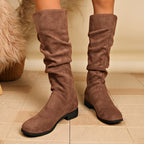 Bottes Plates Femme Hautes, Aspect Daim, Tige Froncée, vue 18
