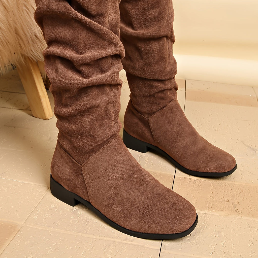 Bottes Plates Femme Hautes, Aspect Daim, Tige Froncée, vue 19