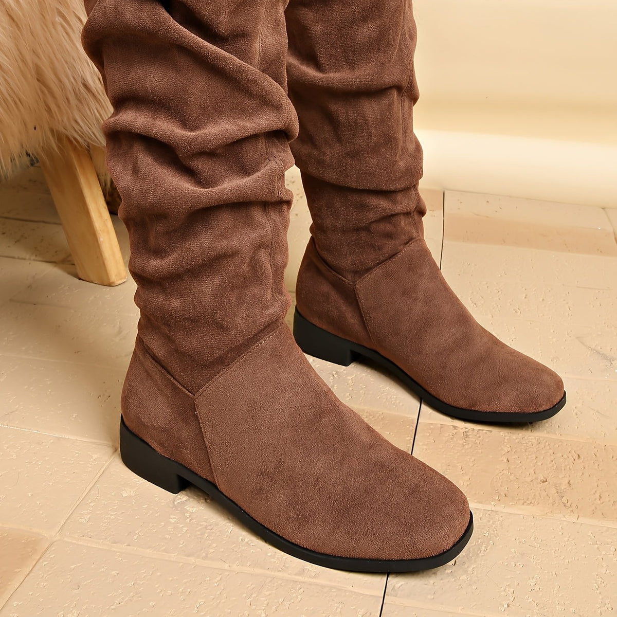 Bottes Plates Femme Hautes, Aspect Daim, Tige Froncée, vue 19