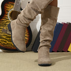 Bottes Plates Femme Hautes, Aspect Daim, Tige Froncée, vue 3