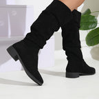 Bottes Plates Femme Hautes, Aspect Daim, Tige Froncée, vue 4