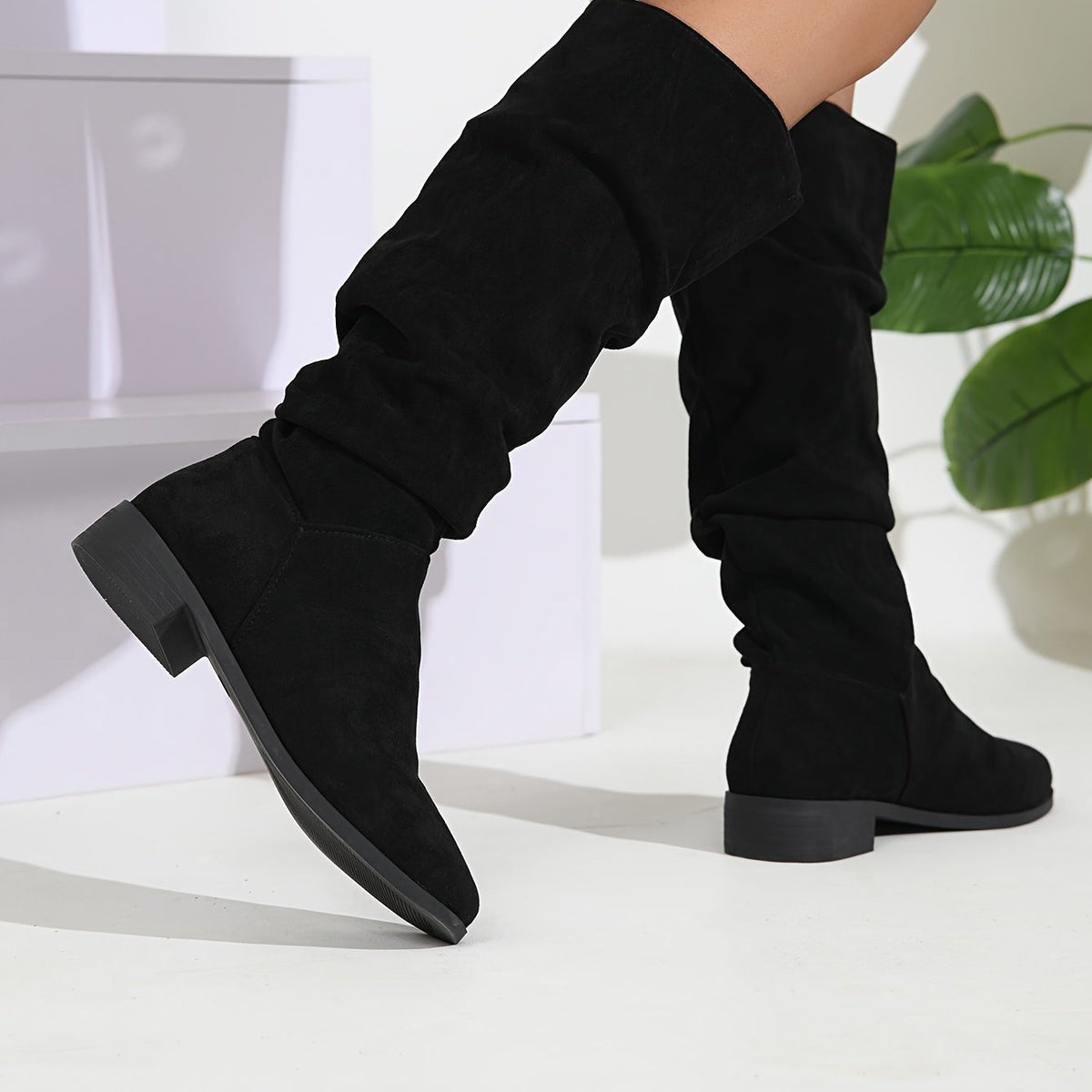Bottes Plates Femme Hautes, Aspect Daim, Tige Froncée, vue 4