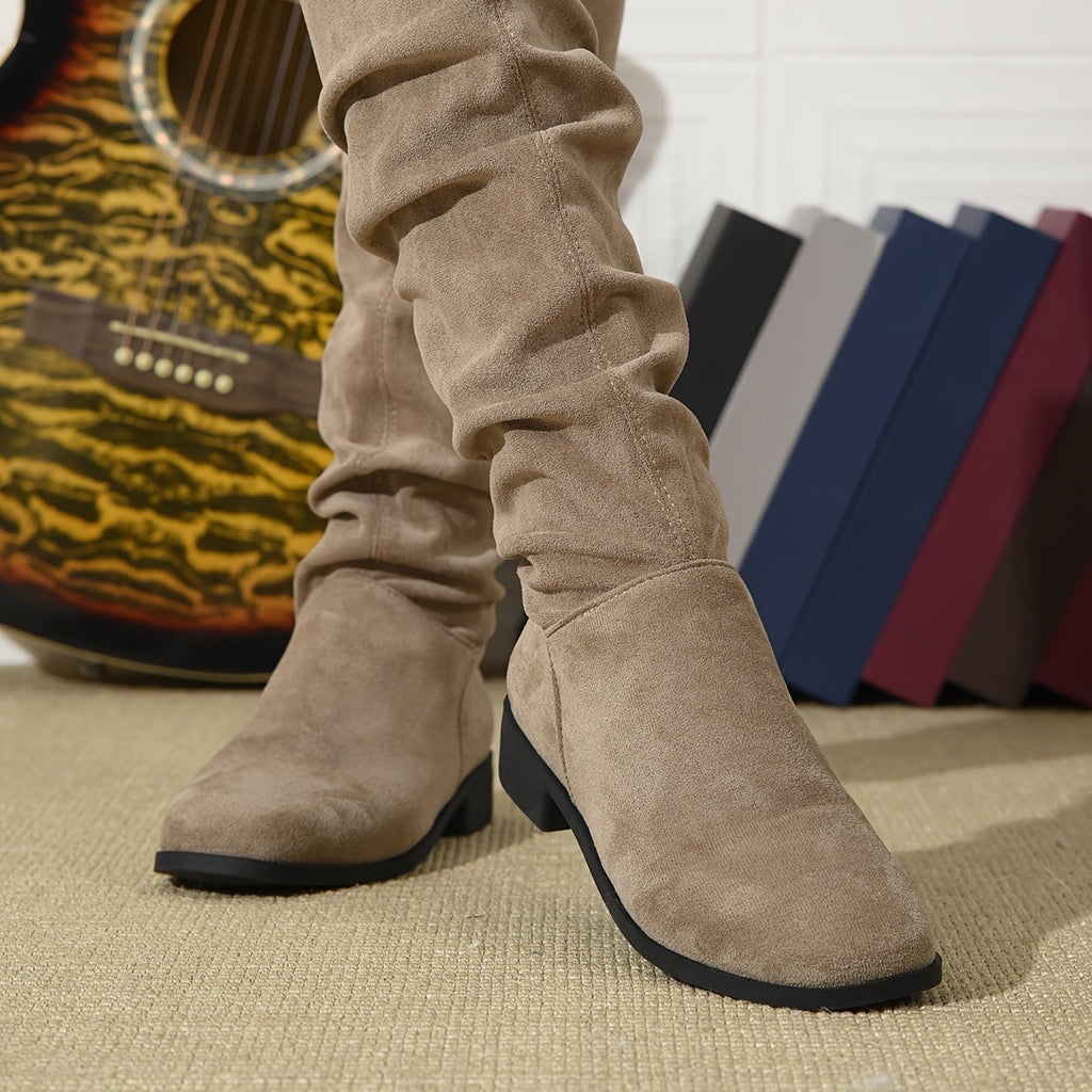 Bottes Plates Femme Hautes, Aspect Daim, Tige Froncée, vue 5