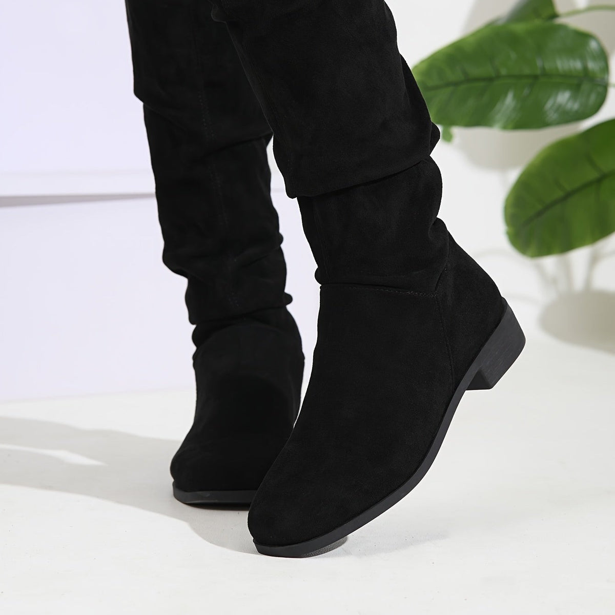 Bottes Plates Femme Hautes, Aspect Daim, Tige Froncée, vue 6