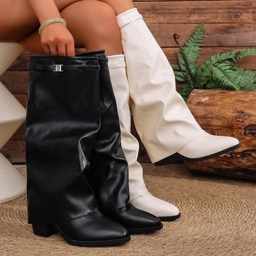 Bottes à Revers Femme Similicuir, Talon Bloc