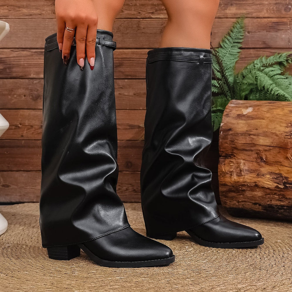 Bottes à Revers Femme Similicuir, Talon Bloc, vue 8