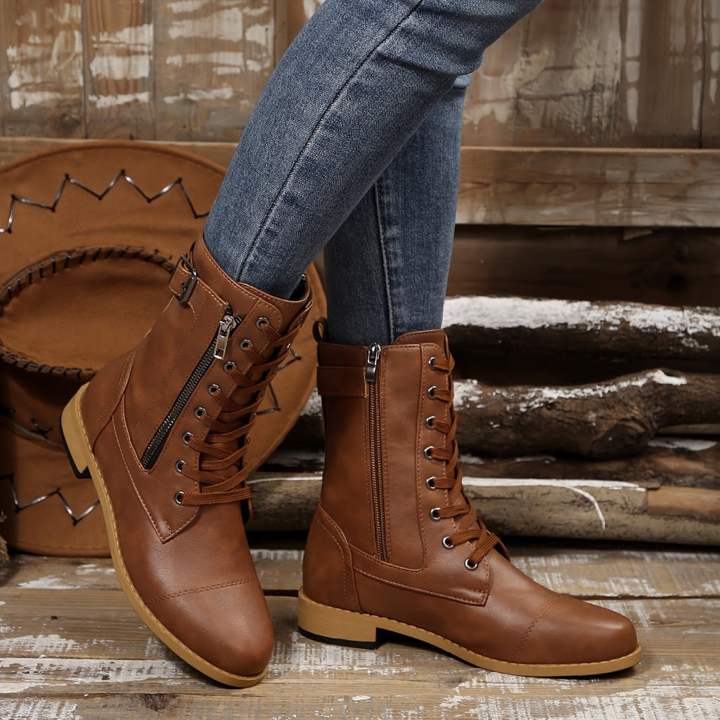 Bottes à Lacets Femme Similicuir, Zip et Bride à Boucle, vue 6