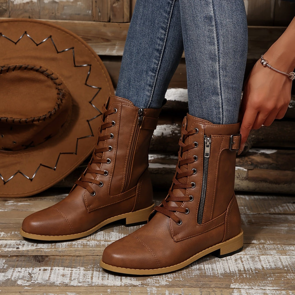 Bottes à Lacets Femme Similicuir, Zip et Bride à Boucle, vue 8