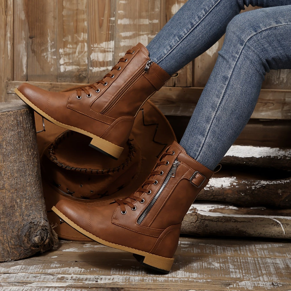 Bottes à Lacets Femme Similicuir, Zip et Bride à Boucle, vue 9