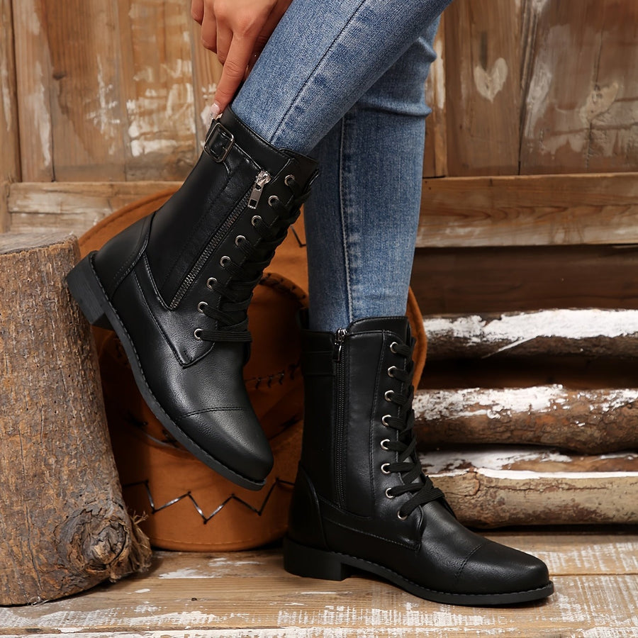 Bottes à Lacets Femme Similicuir, Zip et Bride à Boucle