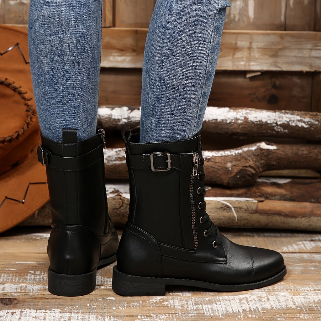 Bottes à Lacets Femme Similicuir, Zip et Bride à Boucle, vue 2
