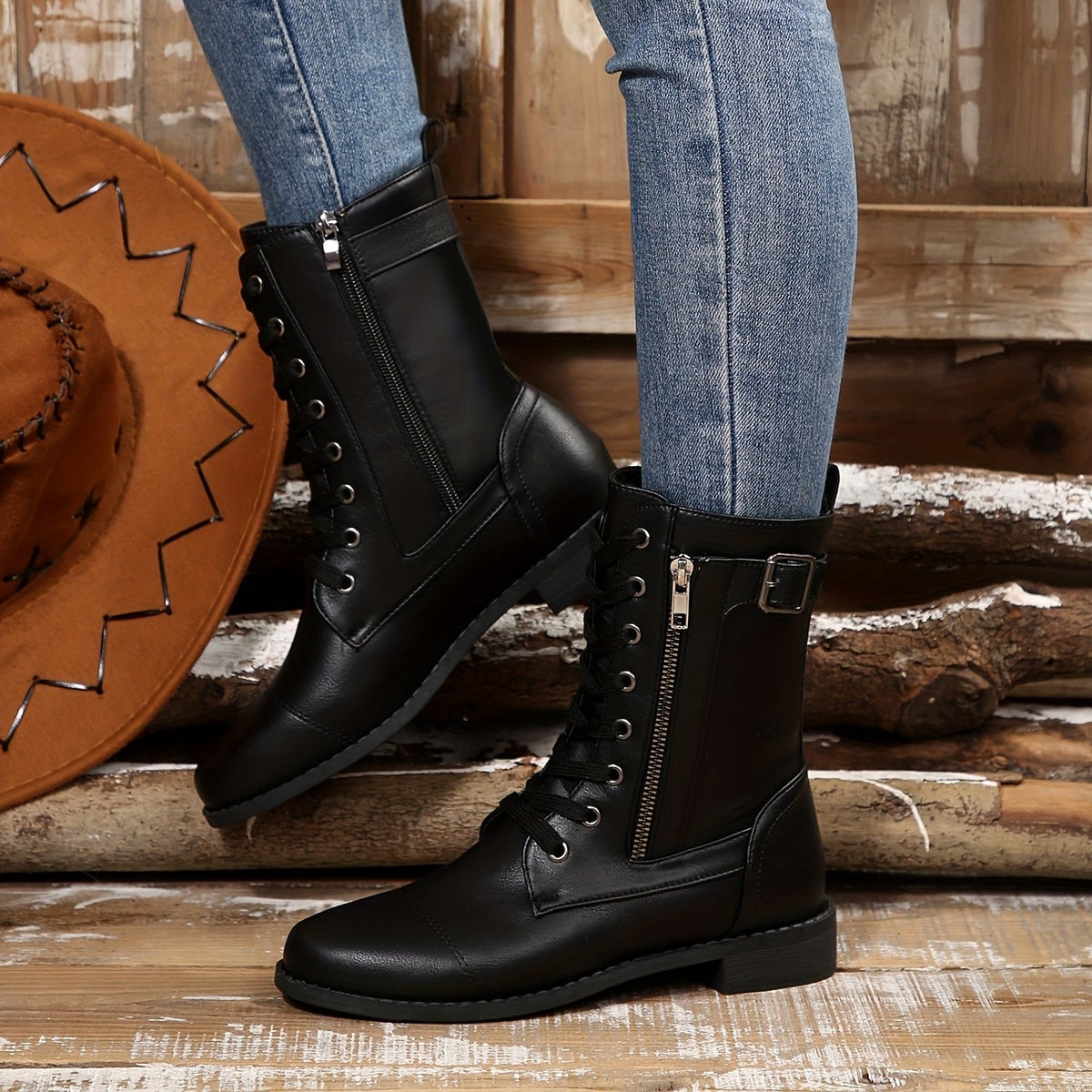 Bottes à Lacets Femme Similicuir, Zip et Bride à Boucle, vue 3