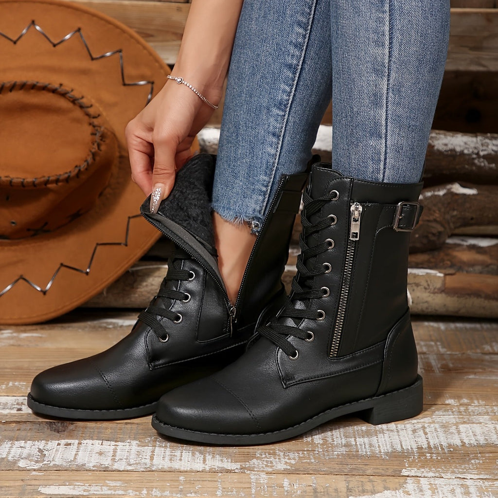 Bottes à Lacets Femme Similicuir, Zip et Bride à Boucle, vue 4