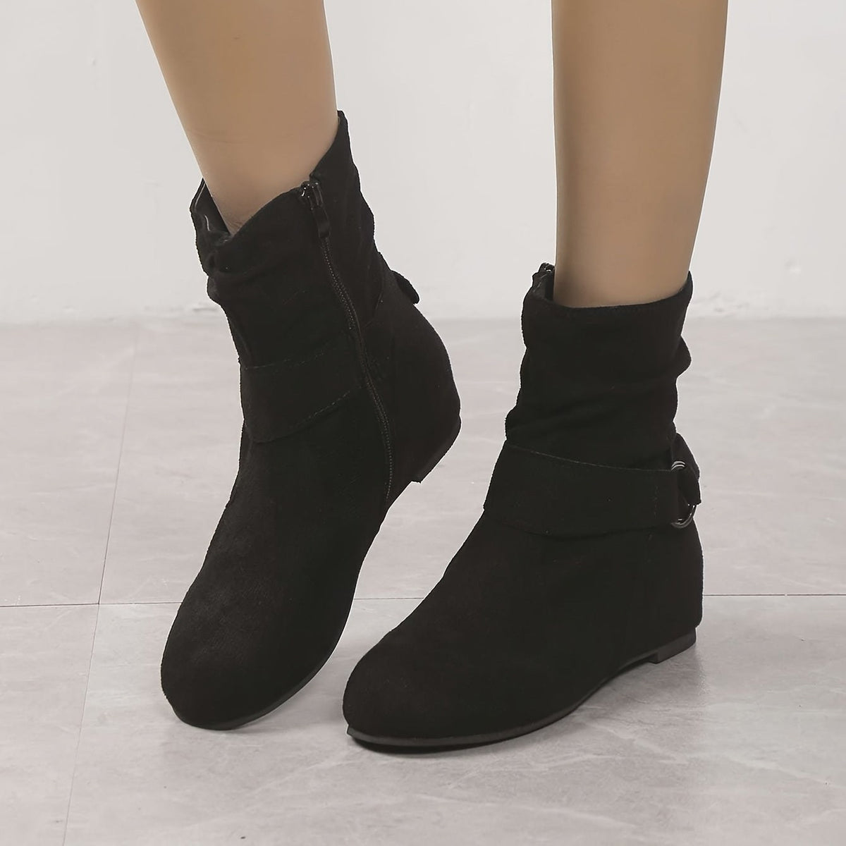 Bottines Femme Aspect Daim, Tige Froncée, Zip et Boucle