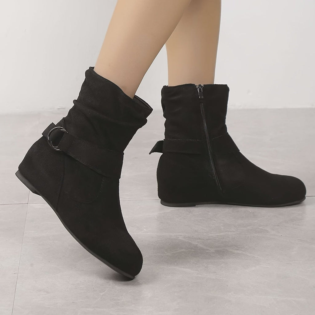 Bottines Femme Aspect Daim, Tige Froncée, Zip et Boucle, vue 3