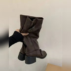 Bottes Motardes Femme Similicuir Plissées, Talon Bloc – coloris marron