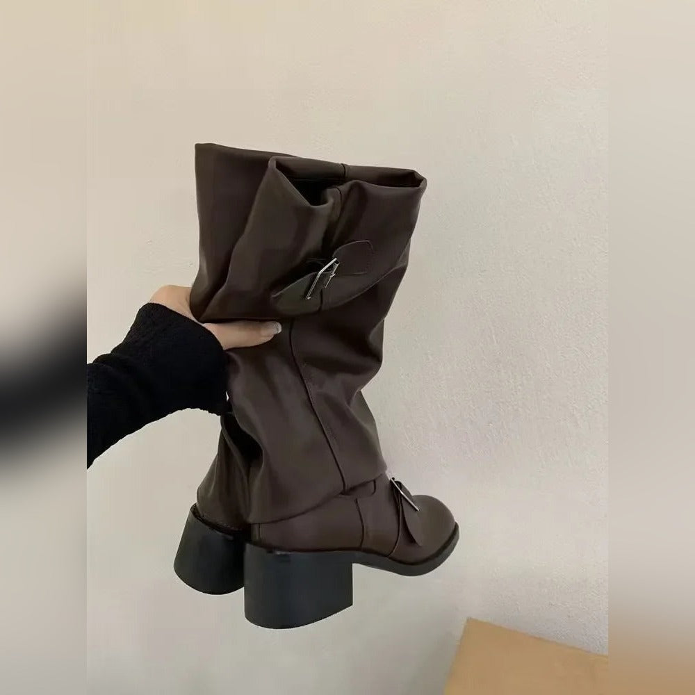 Bottes Motardes Femme Similicuir Plissées, Talon Bloc – coloris marron