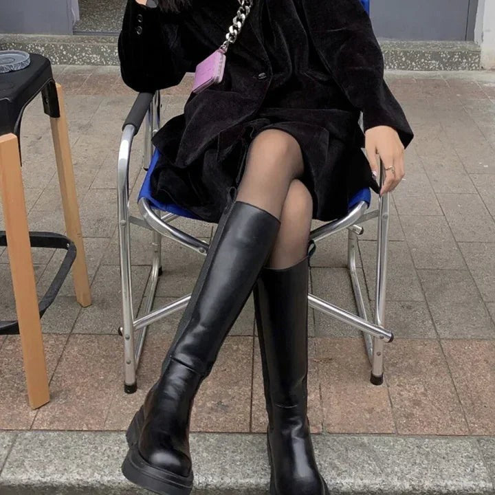 Bottes Hautes Femme Similicuir, Plateforme Crantée, Zip