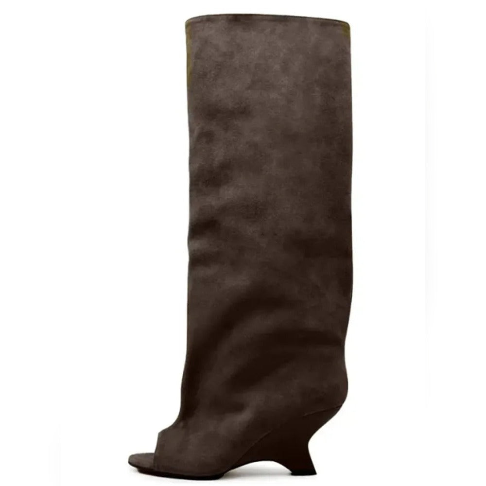 Bottes Hautes Femme Bout Ouvert, Microfibre, Talon Compensé – coloris marron foncé