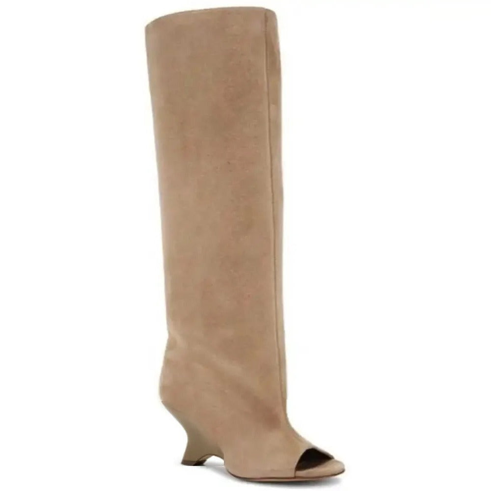 Bottes Hautes Femme Bout Ouvert, Microfibre, Talon Compensé – coloris camel