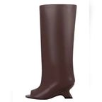 Bottes Hautes Femme Bout Ouvert, Microfibre, Talon Compensé – coloris chocolat