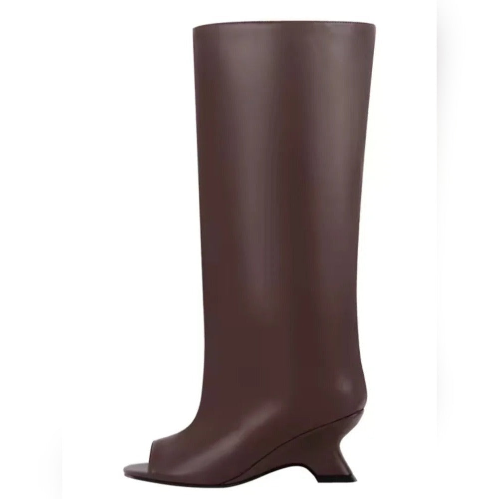 Bottes Hautes Femme Bout Ouvert, Microfibre, Talon Compensé – coloris chocolat