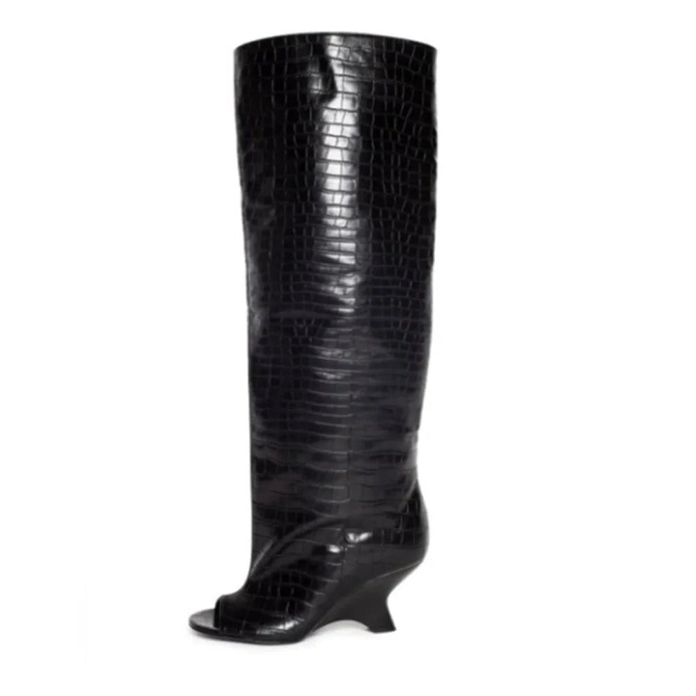 Bottes Hautes Femme Bout Ouvert, Microfibre, Talon Compensé – coloris noir croco