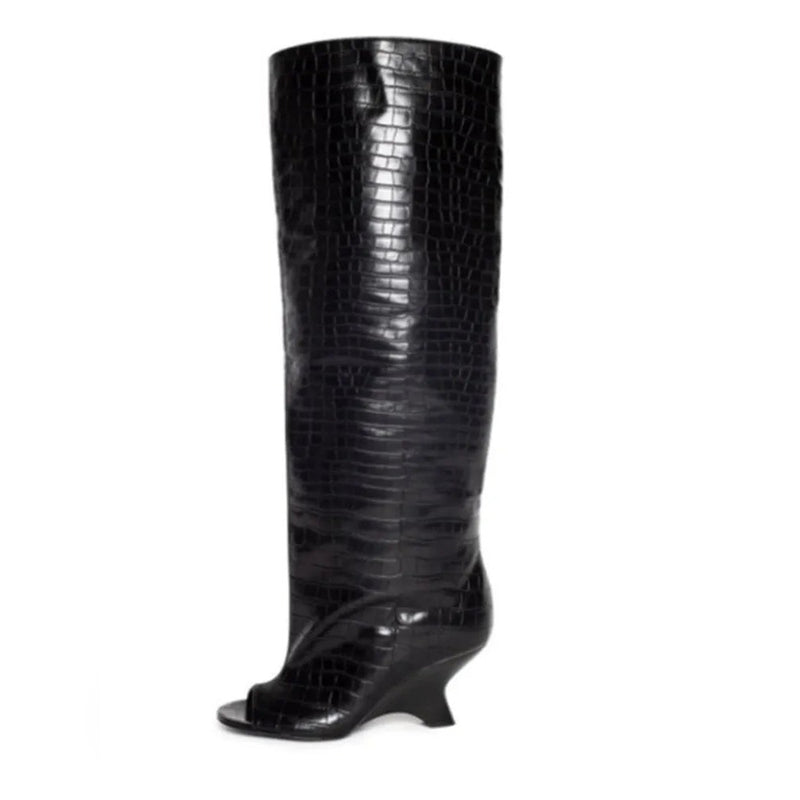 Bottes Hautes Femme Bout Ouvert, Microfibre, Talon Compensé – coloris noir croco