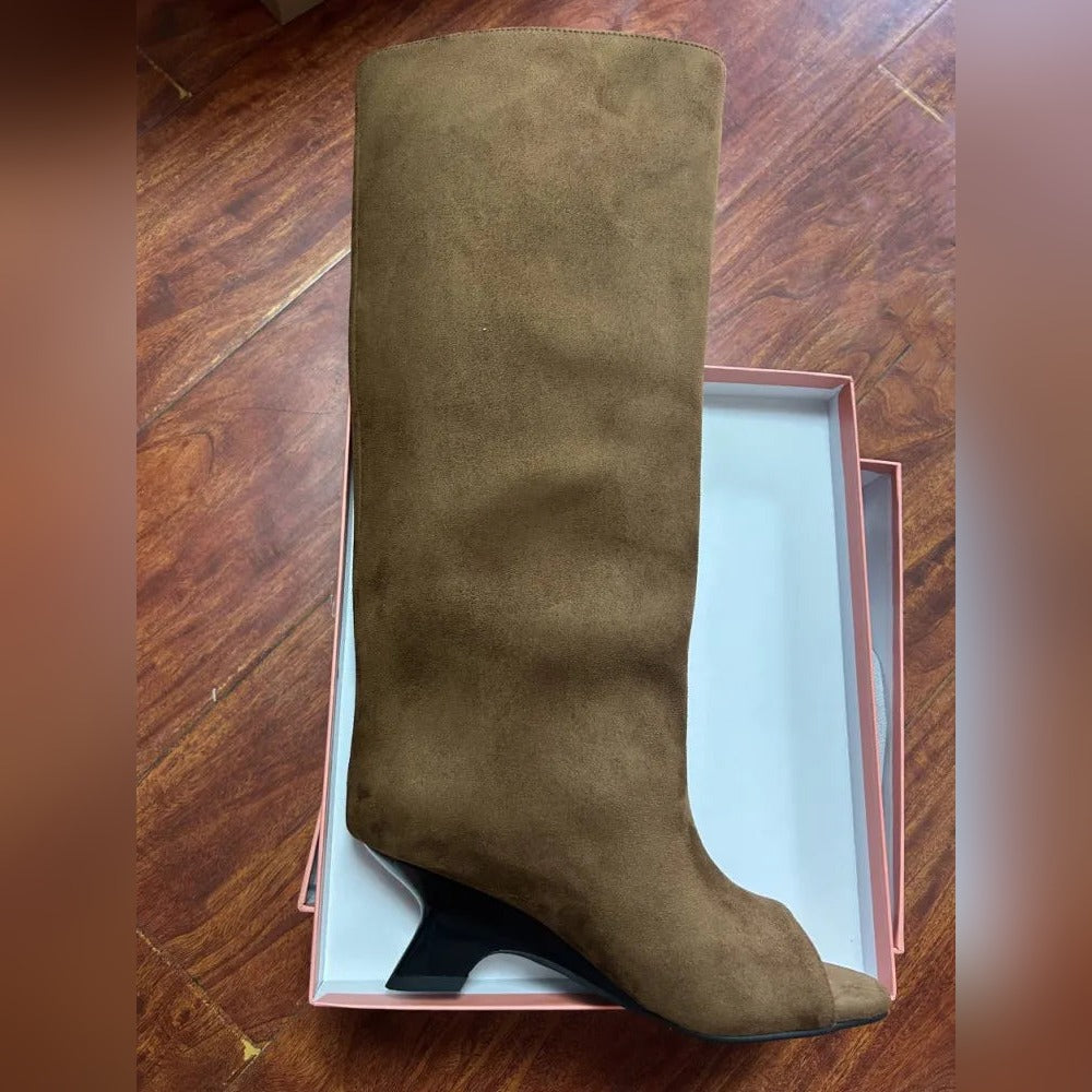 Bottes Hautes Femme Bout Ouvert, Microfibre, Talon Compensé – coloris kaki